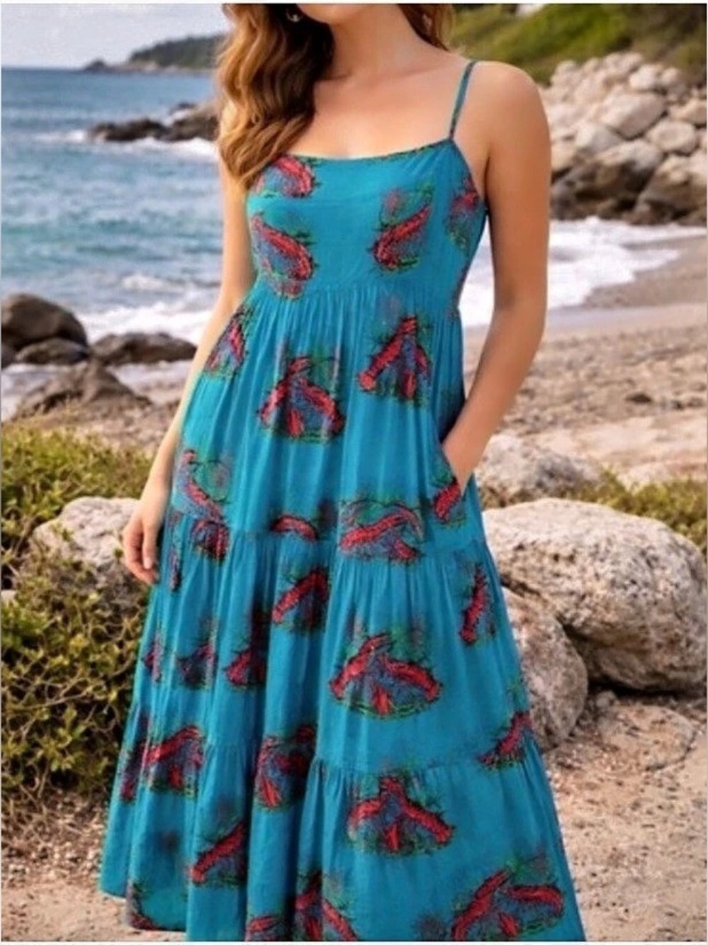 J.Crew Tiered maxi dress in lobster print Tiered Lobster Print Maxi Dress Blue &
